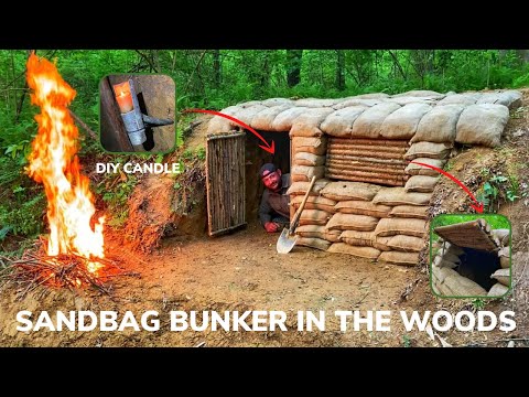 Solo Overnight Building a Sandbag Shelter In the Woods and Fried Bacon and Cheese Kielbasa